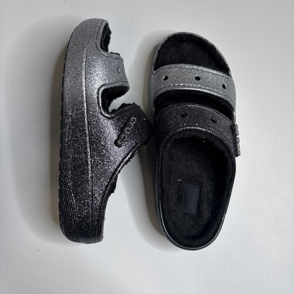 Crocs Sandal Womens 10 Black Silver ombré Sparkle Sherpa Lined